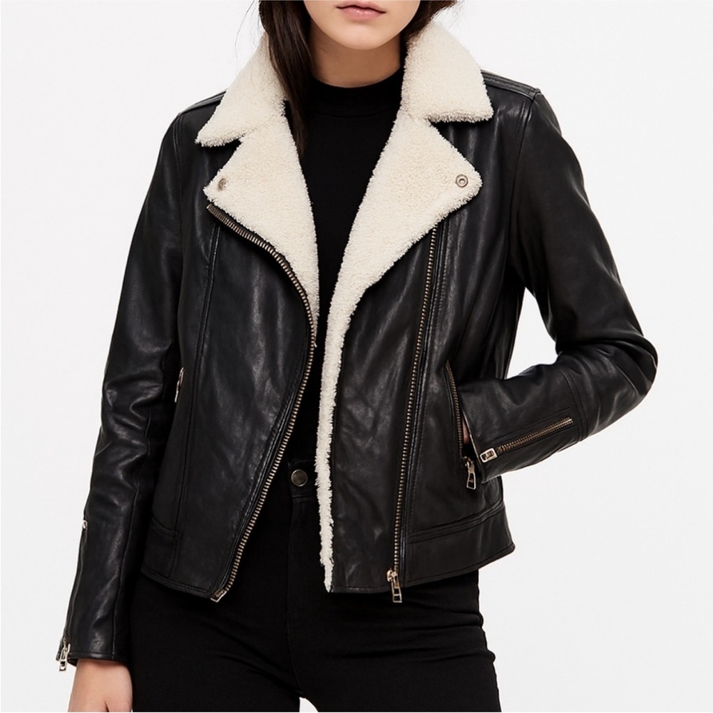 Women's Black Faux Leather Jacket with Cream Lining